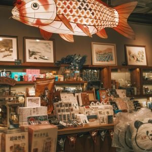 Interior of a unique bookstore featuring a large hanging fish decoration and various art pieces.